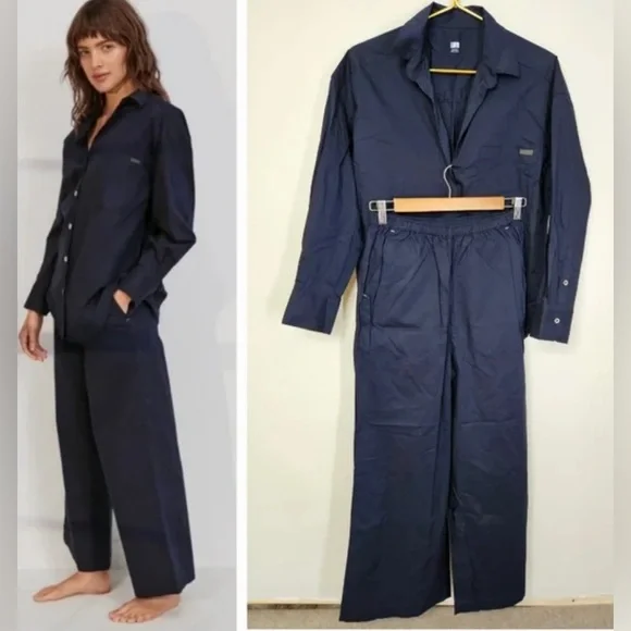 LUNYA Airy Cotton Long Sleeve Set PJ Pajamas Medium Navy - Picture 2 of 3